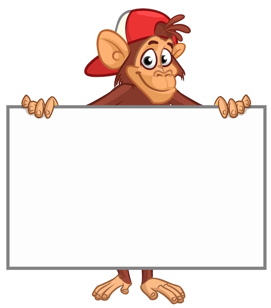 Chimpancé de mono de dibujos animados sosteniendo papel blanco vacío en blanco o cartel para menú o saludos Ilustración vectorial del personaje de mono feliz