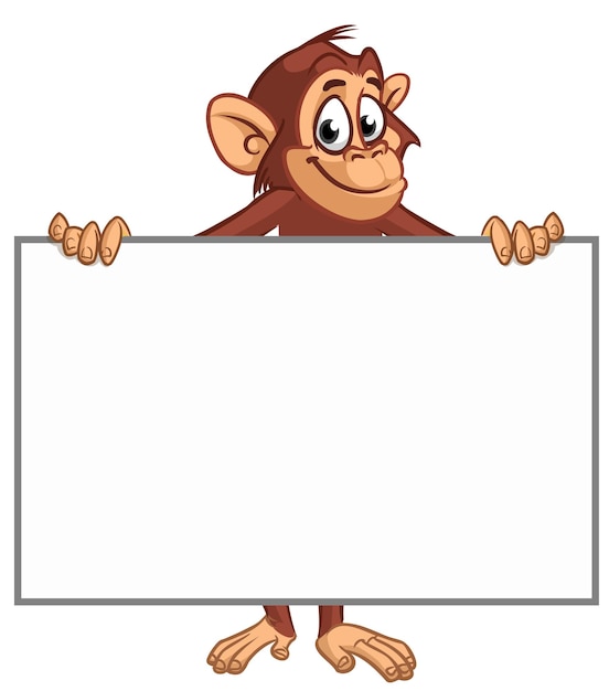 Chimpancé de mono de dibujos animados sosteniendo papel blanco vacío en blanco o cartel para menú o saludos Ilustración vectorial del personaje de mono feliz