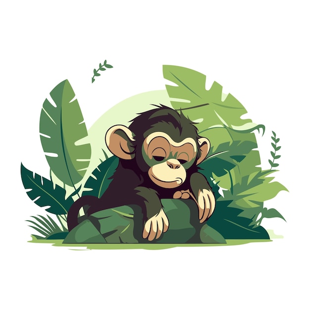 Vector un chimpancé sentado en las hojas verdes ilustración vectorial