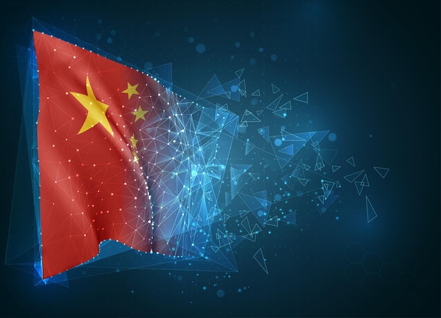 China, bandera, objeto virtual abstracto 3D de polígonos triangulares sobre un fondo azul.