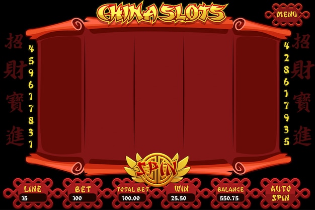 China Casino tragamonedas. Caracteres chinos que representan buena suerte y fortuna. Interfaz completa de máquinas tragamonedas chinas y botones.