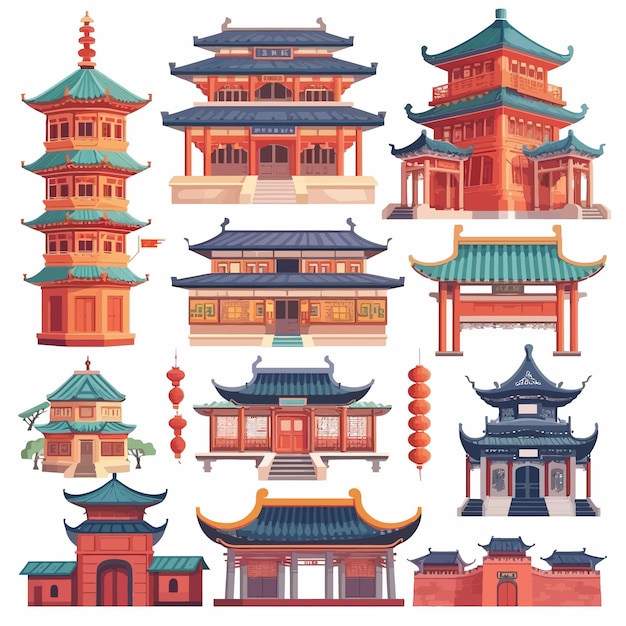 Vector china_construcción_objetos_conjunto_viaje_atracción