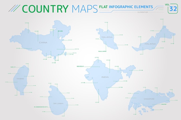 China Singapur Malasia Taiwán India y Sri Lanka Vector Maps