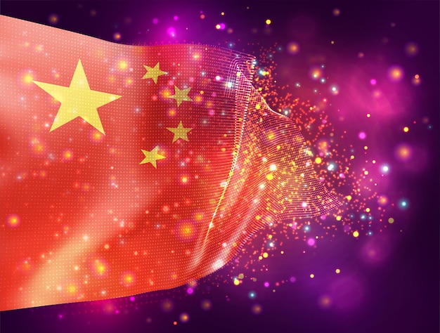 China, vector bandera 3d sobre fondo rosa púrpura con iluminación y bengalas