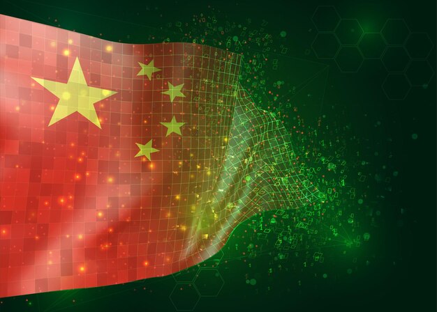 China, en vector bandera 3d sobre fondo verde con polígonos y números de datos