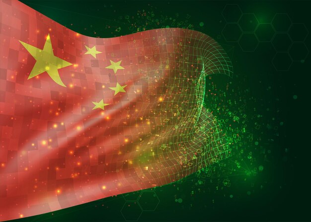 China, en vector bandera 3d sobre fondo verde con polígonos y números de datos