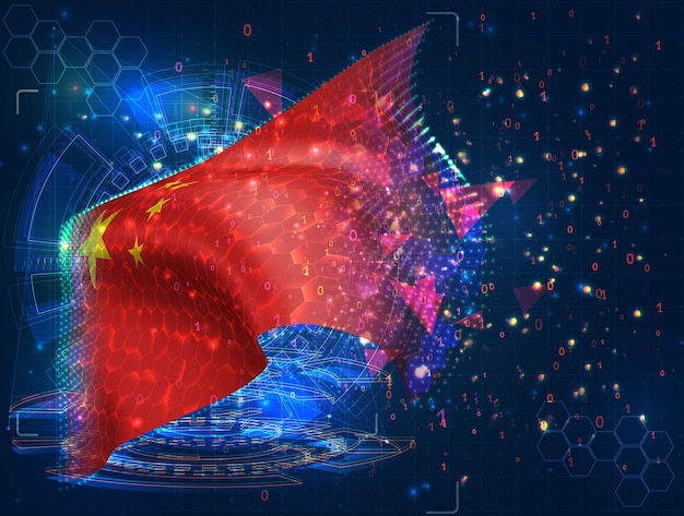 China vector bandera objeto 3D abstracto virtual de polígonos triangulares sobre un fondo azul