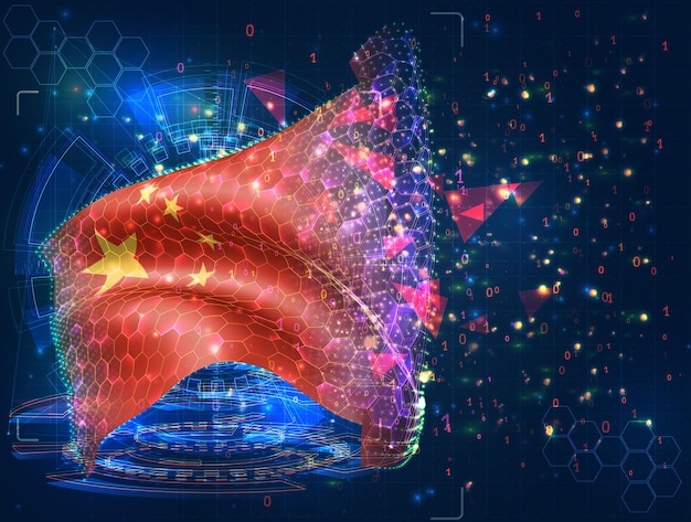 China vector bandera objeto 3D abstracto virtual de polígonos triangulares sobre un fondo azul