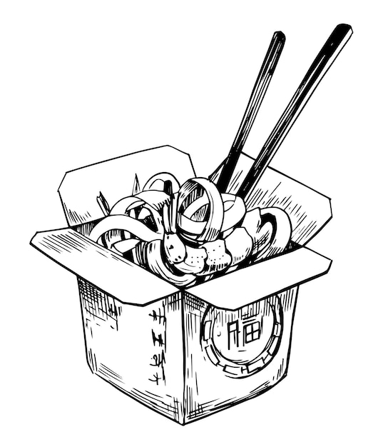 Chiness noodless in the box Dibujado a mano ilustración convertida en vector