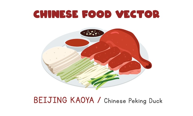 Chino Beijing Kaoya - Dibujos animados de clipart de vector plano de pato de Pekín chino. Comida asiática. cocina china