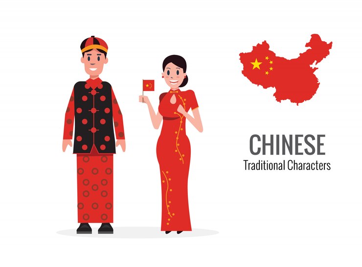 Vector chino hombre y mujer en traje tradicional