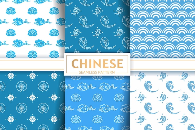 Chino patrones sin fisuras vector set floral marino cielo texturas flores de loto