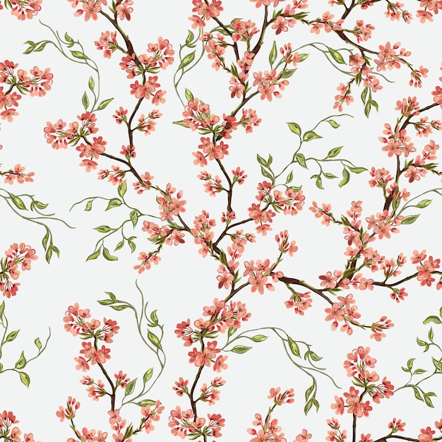 Vector chinoiserie exótica árbol de sakura botánico vintage tropical floral sin fisuras patrón japonés