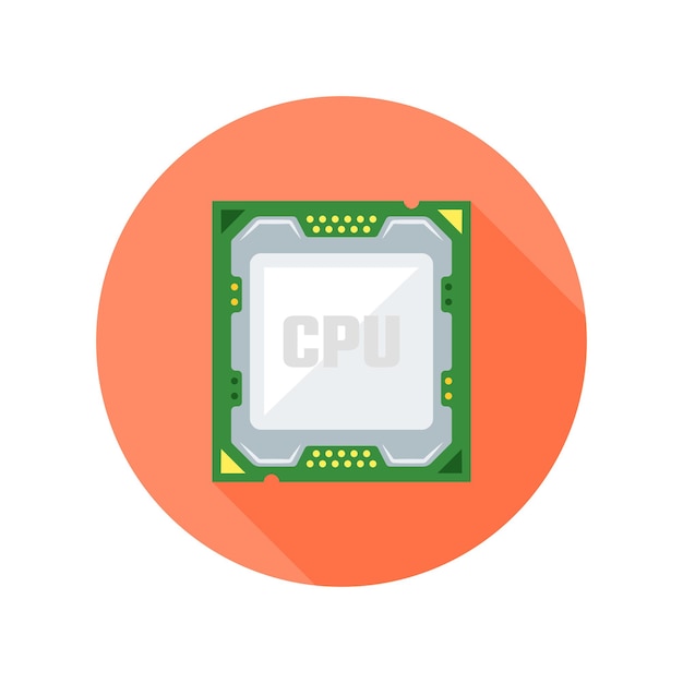 Chip de computadora CPU estilo de diseño plano vector aislado icono redondo con sombra sobre fondo blanco