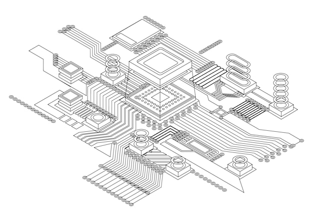 Chip digital cpu electrónico monocromo Procesador de computadora abstracto y componentes electrónicos en la placa base o placa de circuito Dispositivos electrónicos en ingeniería de hardware de microprocesador AI