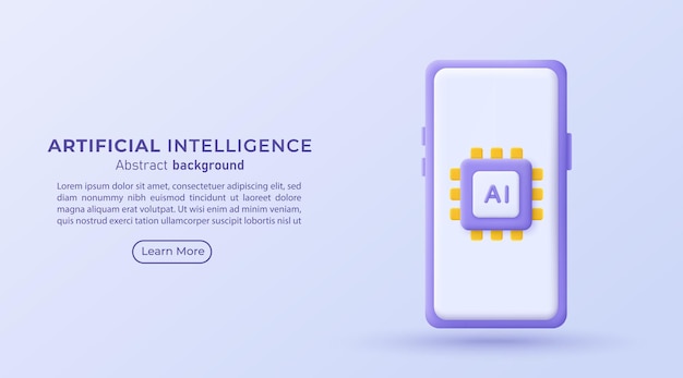 Chip de IA 3D en pantalla en blanco Smartphone Diseño 3D del concepto de tecnología de inteligencia artificial Asistente de IA y soporte Ilustración vectorial