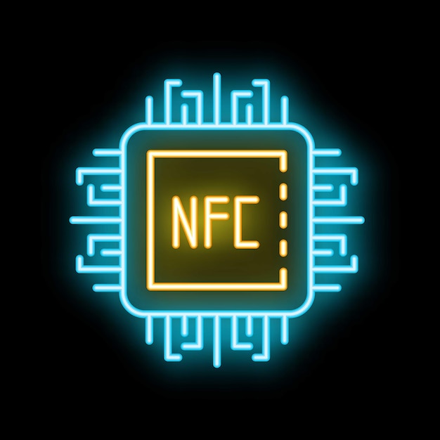 Chip de NFC de neón brillando sobre un fondo negro