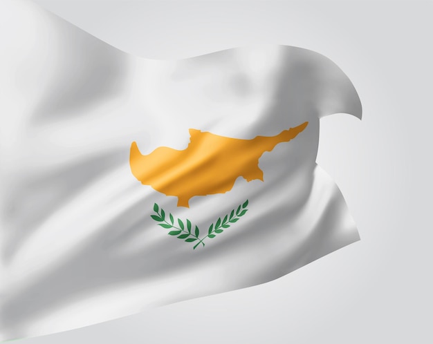 Chipre, bandera de vector con olas y curvas ondeando en el viento sobre un fondo blanco.