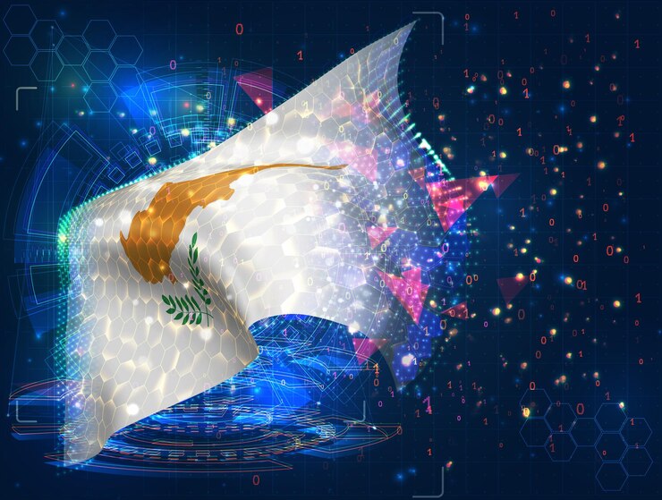Vector chipre vector bandera virtual abstracto objeto 3d de polígonos triangulares sobre un fondo azul