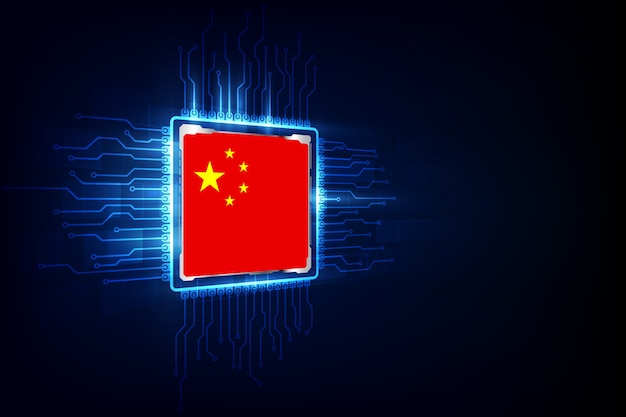 Chips de computadora sobre fondo digital con bandera china