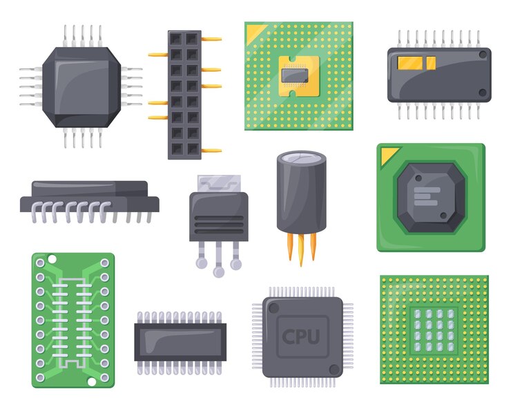 Vector chips semiconductores de dibujos animados gpu o procesador cpu microchip para placa madre y placa de circuitos electrónicos computadora teléfono inteligente microchip teléfono móvil ilustración vectorial ordenada