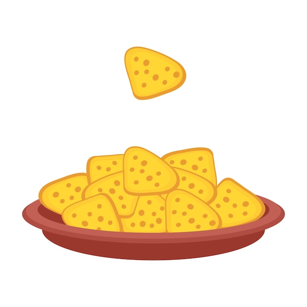 Chips de tortilla de nachos mexicanos en un plato de estilo plano simple perfecto para el menú de pegatinas de tee y el logotipo ilustración vectorial aislada para la decoración y el diseño