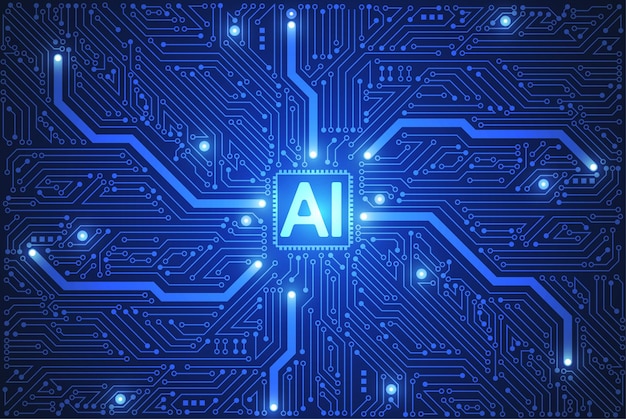 Chipset de inteligencia artificial en placa de circuito en concepto futurista de tecnología obra de arte para portada de tarjeta de banner web Ilustración vectorial