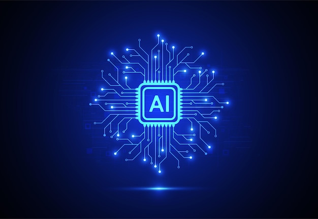 Chipset de inteligencia artificial en placa de circuito en concepto futurista de tecnología obra de arte para portada de tarjeta de banner web Ilustración vectorial