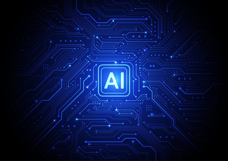 Vector chipset de inteligencia artificial en placa de circuito en una obra de arte de tecnología de concepto futurista