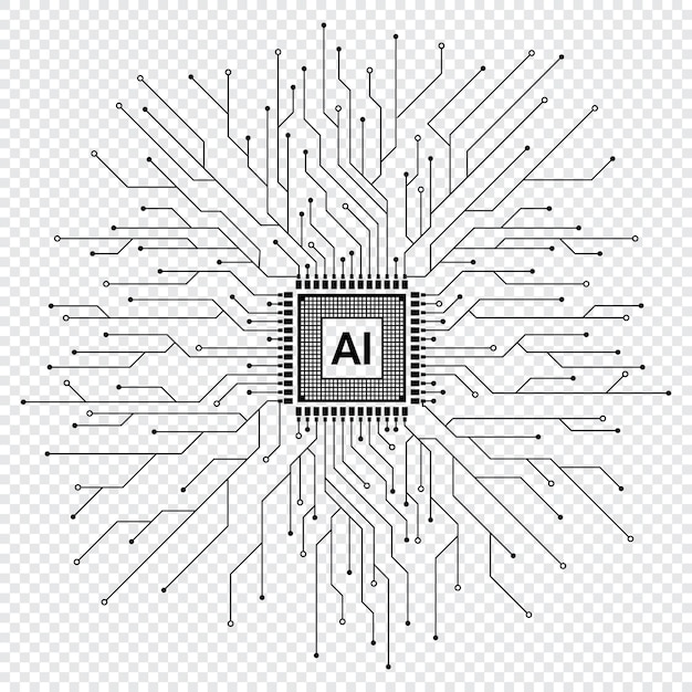 Chipset de tecnología de CPU de IA con placa de circuito impreso Tabla de circuitos impresos y procesador Aprendizaje automático Ilustración vectorial