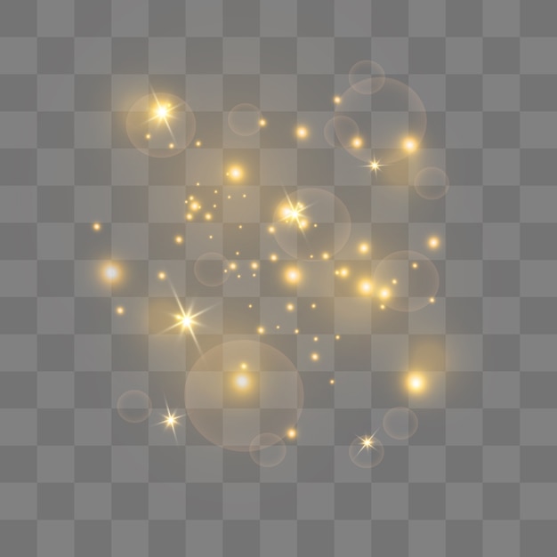 Chispas amarillas y estrellas doradas brillan con un efecto de luz especial. Partículas chispeantes de polvo de hadas. brilla sobre un fondo transparente.