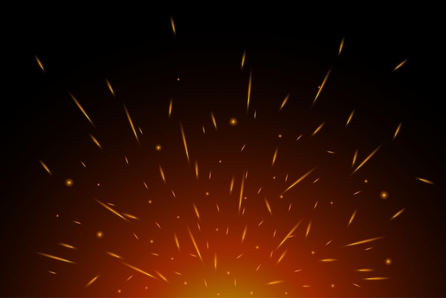 Chispas ardientes en el aire sobre la noche oscura que vuelan partículas brillantes del efecto de las luces de llama de fuego en negro