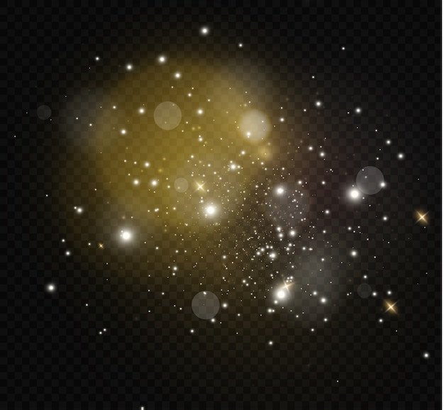 Las chispas blancas y las estrellas doradas brillan con un efecto de luz especial. brilla en el fondo transparente.