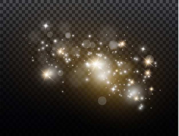 Las chispas blancas y las estrellas doradas brillan con un efecto de luz especial. brilla en el fondo transparente.