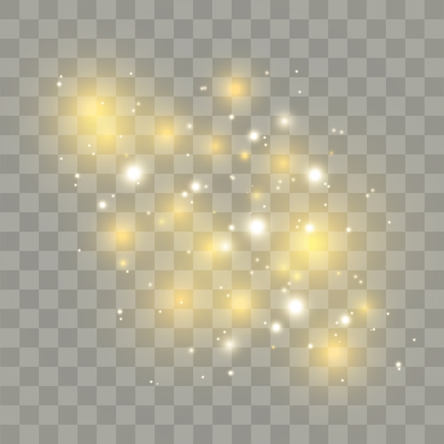 Las chispas blancas y las estrellas doradas brillan con un efecto de luz especial. Destellos sobre fondo transparente. Partículas de polvo mágico espumoso