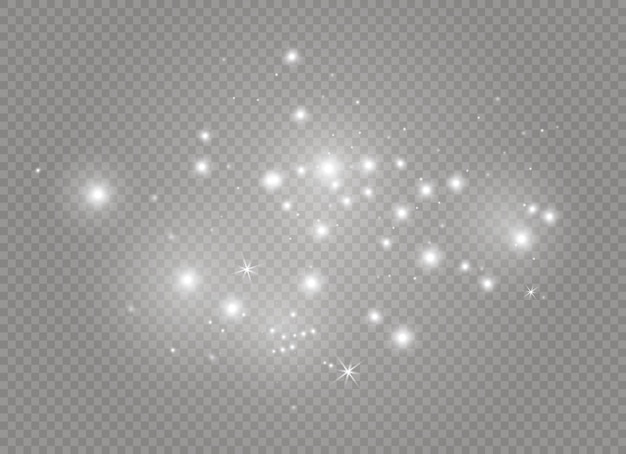 Las chispas blancas y las estrellas doradas brillan con un efecto de luz especial. destellos sobre fondo transparente. patrón abstracto de navidad. partículas de polvo mágico espumoso