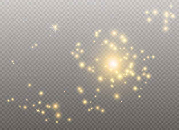 Vector las chispas blancas y las estrellas doradas brillan con un efecto de luz especial. destellos sobre fondo transparente. patrón abstracto de navidad. partículas de polvo mágico espumoso