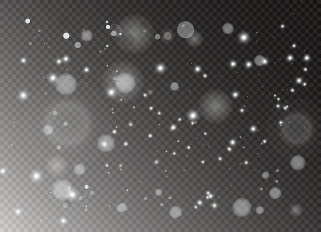 Las chispas blancas y las estrellas doradas brillan con un efecto de luz especial. destellos sobre fondo transparente. resumen de navidad