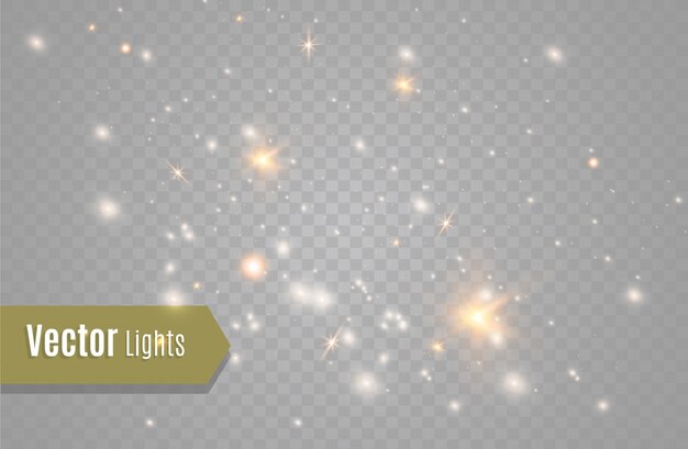 Chispas blancas y estrellas doradas brillan con efecto de luz especial. destellos sobre fondo transparente.
