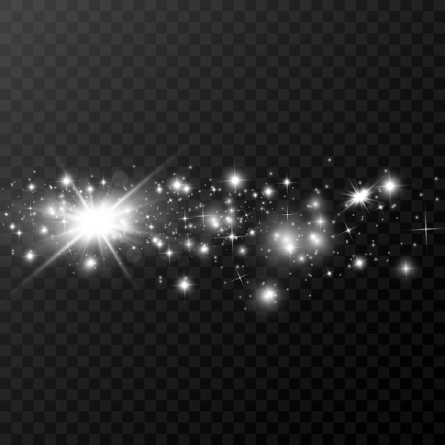 Las chispas blancas y las estrellas doradas brillan con un efecto de luz especial Destellos vectoriales