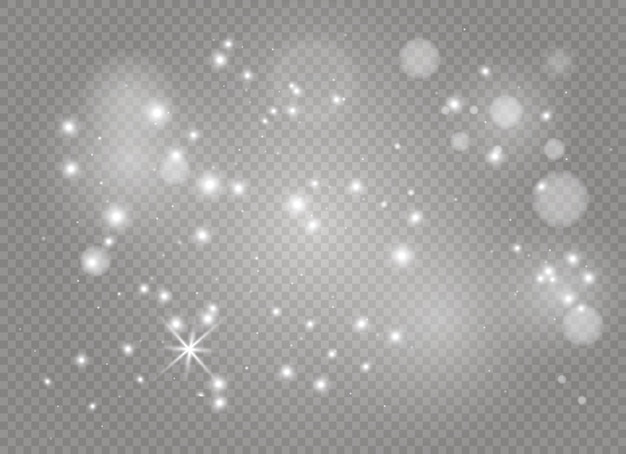 Chispas blancas y estrellas doradas brillan con un efecto de luz especial. Partículas brillantes de polvo de hadas. Brillos de vectores