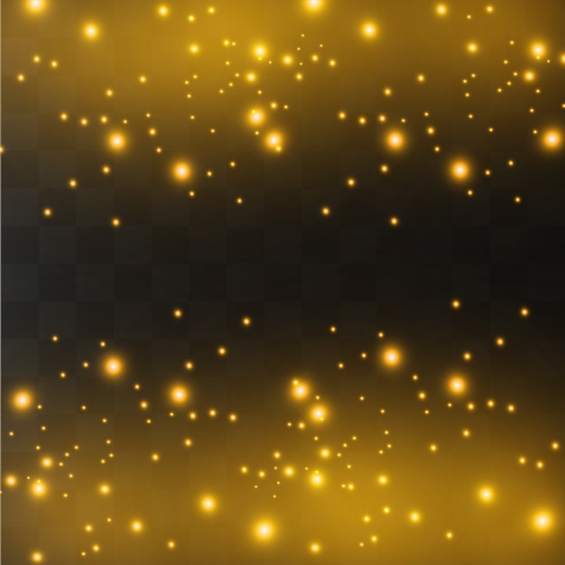 Vector chispas blancas y estrellas doradas brillan con un efecto de luz especial. partículas chispeantes de polvo de hadas. brilla sobre un fondo transparente.