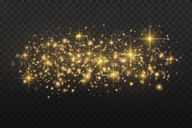 Chispas blancas y estrellas doradas brillan con un efecto de luz especial. Partículas chispeantes de polvo de hadas.