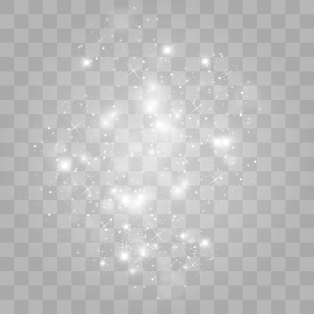Chispas blancas y estrellas doradas brillan con efecto de luz especial. partículas de polvo mágico espumoso