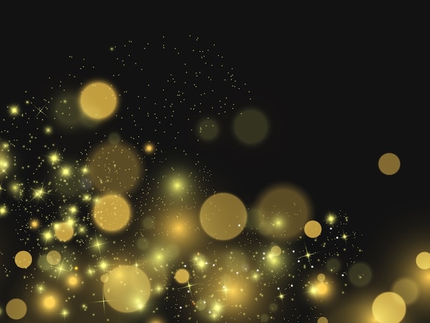 Chispas blancas y estrellas doradas brillan con efecto de luz especial. Partículas de polvo mágico espumoso
