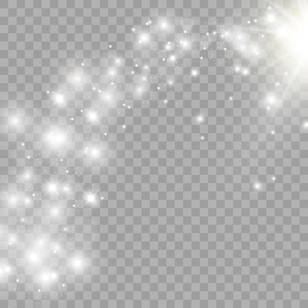 Las chispas blancas y las estrellas doradas brillan con un efecto de luz especial. Vector brilla sobre fondo transparente