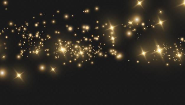 Las chispas blancas y las estrellas doradas brillan con un efecto de luz especial. vector destellos sobre fondo transparente. resumen de navidad