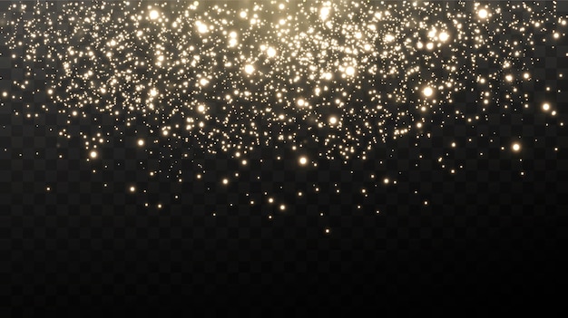 Las chispas doradas y las estrellas doradas brillan con un efecto de luz real. La explosión del confeti dorado.