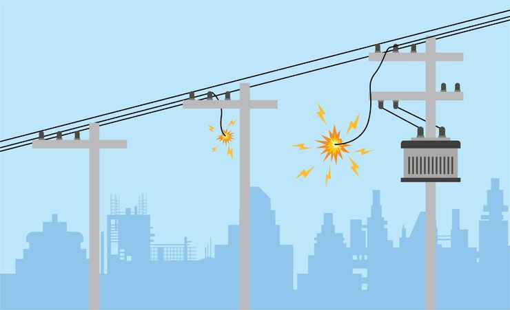 Vector las chispas eléctricas dañadas en los postes de servicio generan un cortocircuito peligroso en las líneas eléctricas ilustración vectorial