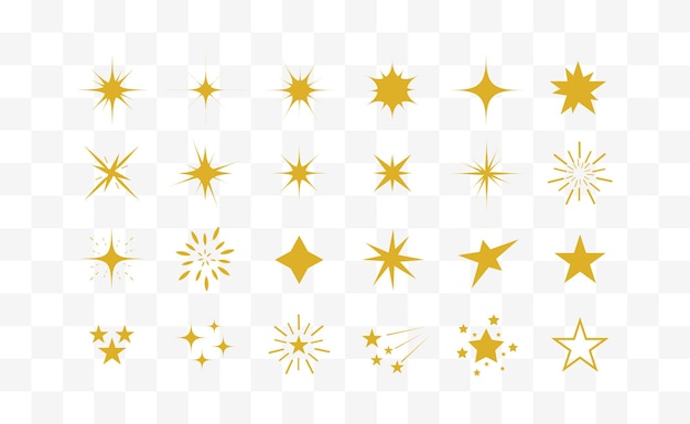 Chispas y estrellas. Conjunto de estrellas doradas y destellos aislados sobre fondo blanco. Símbolos de destellos